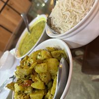 Dal fry, aloo gobi, steamed rice   at Sheroes Hangout in Agra