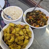 Steamed rice, aloo ghobi and Bhindi massala at Sheroes Hangout in Agra