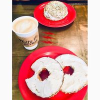 Oat milk latte, bagels and cream cheese at White Electric Coffee in Providence