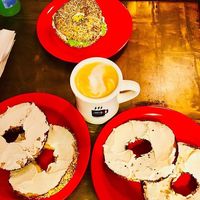 Everything bagels w/ tofutti cream cheese and avocado and cream cheese bagel sandwich. Oat milk latte.  at White Electric Coffee in Providence