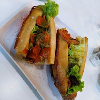 Delicious sandwich with carrots and soy protein at Comptoir Veggie in Paris