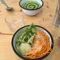 Small salad and cold soup at Comptoir Veggie in Paris