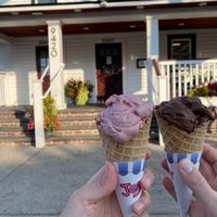 Vegan strawberry, vegan mint chocolate on waffle cones at Springer's Ice Cream in Stone Harbor