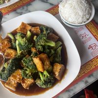Tofu and broccoli in garlic sauce and side of rice   at Great Wall in Monterey