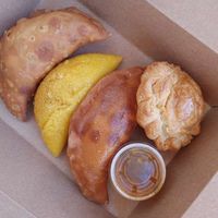 Chik'n & Potato Empanada, Potato & Spanish Seasoning Empanada, Apple Pastelito, and Meat Pastelito, at The Happy Vegan Bakers in Hialeah