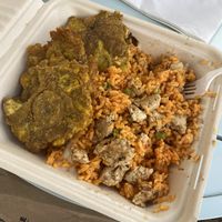 Arroz con “pollo” with tostones  at The Happy Vegan Bakers in Hialeah