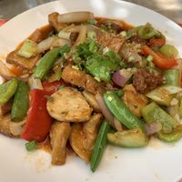 veggie meat stir fry at Seattle Lotus Vegetarian in Seattle