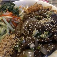 Stir fried rice noodle with beef at Seattle Lotus Vegetarian in Seattle