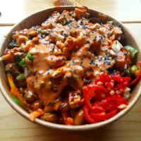 vegan Buddha bowl with peanut chilli sauce! at Grounded Kitchen - Queens Rd in Leicester