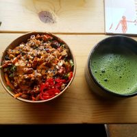 Buddha bowl with Matcha Focus Tea  at Grounded Kitchen - Queens Rd in Leicester