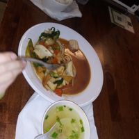 Veggie rice and broth you can add it anything you want whether it's meat seafood tofu or just keep it all vegetables it's absolutely delicious!! at Sticky Rice Cafe in Knoxville