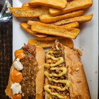 Double trouble - plant based sausage and chips at La Cerveseria Clandestina in Barcelona