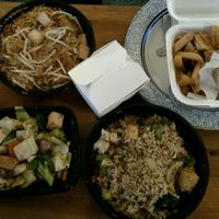 Pad Thai Woon Sen, Garlic Stir-Fry, Basil Fried Rice, Fried Tofu.  All veganized, all fantastic!!  Tell them you're vegan and they are very accomodating with ingredients. at Five Star Thai Cuisine in Crown Point