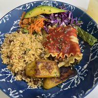 Lentil Lasagna, pigeon & rice and salad  at Bori Vegan in Guaynabo