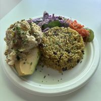 Stuffed avocado with vegan tuna (chickpea salad) and pigeon peas and rice    at Bori Vegan in Guaynabo