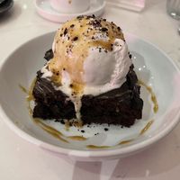 Special brownie with coconut ice cream & chocolate sauce  at P.S. Kitchen in New York City