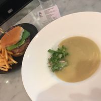 Soup excellent burger too realistic served together at P.S. Kitchen in New York City