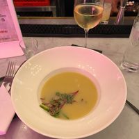 Colombian Potato Soup and a glass of Gruner Veltline at P.S. Kitchen in New York City