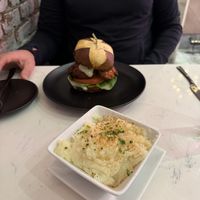 Mushroom burger & mashed potatoes   at P.S. Kitchen in New York City