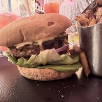 P.S. burger with gluten free bun and truffle fries.  at P.S. Kitchen in New York City