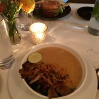 Ginger congee and Beyond Meat burger at P.S. Kitchen in New York City