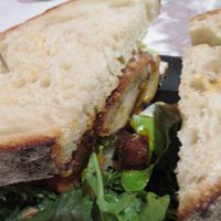 Spicy "chicken" sandwich at P.S. Kitchen in New York City