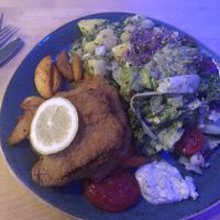 Vegan Schnitzel, fries and salad...Amazing flavor and freshness! at P.S. Kitchen in New York City