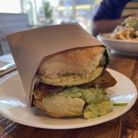 Tofu egg, tempeh, biscuit breakfast sandwich   at Seabirds Kitchen in Long Beach