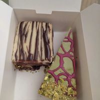 Vegan chocolate lasagna and raspberry matcha cake. The matcha cake is my favourite- it is so yummy !  at Zoya Shop 2 in Sofia