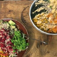 On the left- vegan bowl, on the right- kale spicy salad (both delicious!!) at Shake Cafe - Del Corso in Florence