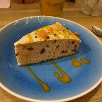 Banana walnut cake with passion fruit sauce, yummy! at Botanique in Hasselt