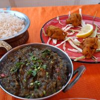 Saag aloo, boiled rice and the Gobi pakora. at Lotus India in Lanzarote