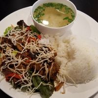 The com (rice plate) Mongolian mock chicken, stir-fried with onions and dark spicy seasonings. at Pho Fresh in Rancho Cordova