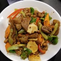 The sauteed Kung Pao Garden stir-fried noodle entree, spiced w/ whole peanuts, bell peppers, red bell, onions & mushrooms w/ thick rice noodles. at Pho Fresh in Rancho Cordova