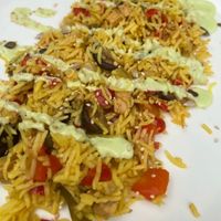 Paella with vegetables and tempeh  at Garraxi Restaurante Vegetariano in San Sebastian