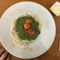 pesto w spaghetti and tomatoes confit  at Garraxi Restaurante Vegetariano in San Sebastian