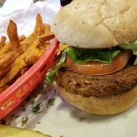 burger and fries at Green Vegetarian Cuisine - Quarry Market in San Antonio