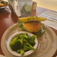 Burger and cucumber water at Green Vegetarian Cuisine - Quarry Market in San Antonio