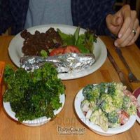 Vegan 'Carne' Guisada with a side of kale salad and broccoli salad at Green Vegetarian Cuisine - Quarry Market in San Antonio