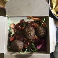 Small falafel box with the harissa sauce at Plantkind in Shrewsbury