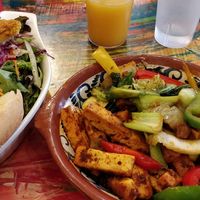 Tofu with potatoes and sauteed veggies+bread, salad and vegepate at Chez Jose Cafe in Montreal