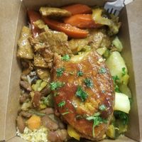 Mock fish, quinoa, bean stew, okra stew, okra with yucca, stew mock chicken and rice and beans at Organic Love in Brooklyn