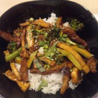 Rice, tofu stripes, leek at Cafe Namnam in Helsinki