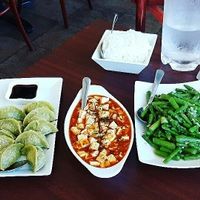 Vegan dumplings, Mapo tofu & garlic fried asparagus  at Fönix in Reykjavik