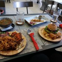 Mushroom soup, seitan burger, lentil sausages and "cheese" balls at Elephant in the Room in Thessaloniki