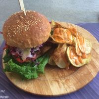 Burger with seitan and fries at Elephant in the Room in Thessaloniki