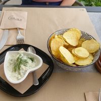 Tzaziki and chips at Elephant in the Room in Thessaloniki