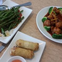 spring rolls, string bean appetizer, orange peel veg meat, and a special noodle soup made with ginger and tomato. at Ma Ma Wok in Charlotte