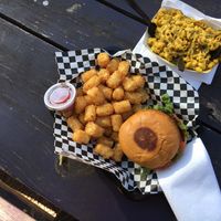 BBQ burger, tater tots, Mac & cheese, all vegan at Arlo's Food Truck - The Grackle in Austin