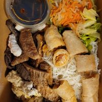 Vegan loaded vermicilli bowl and two spring rolls at Seasoned Fusion Tastes in Saskatoon